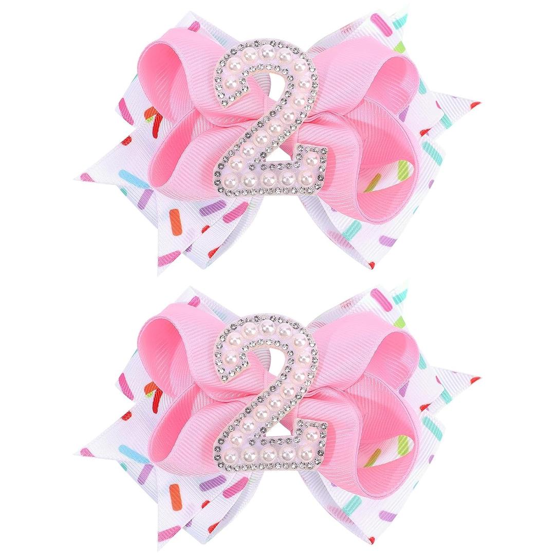 2PCS Hair Bows for Baby Girls Birthday - 2nd Birthday Hair Bow Sweet Theme with Ice Cream Party, Pink Hair Accessories for Baby Toddler 1 2 3 4 5 6 Years, Outfit & Decorations