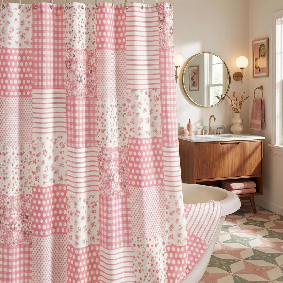 Pink Floral Shower Curtain 72x72'' Spring Cute Linen Cottage Boho Waterproof Patchwork Bath Curtain Set Mid Century Farmhouse Retro Vintage Plaid Bathroom Decor with 12 Hooks for Home