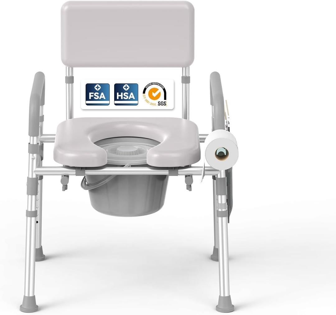 Bedside Commode with Padded Seat & Backrest, Aluminum Toilet with 6.5 qt Bucket, Easy-Clean, 350 lb Capacity Enhanced Crossbar, Portable Toilet for Seniors with Paper Holder & Newspaper Bag