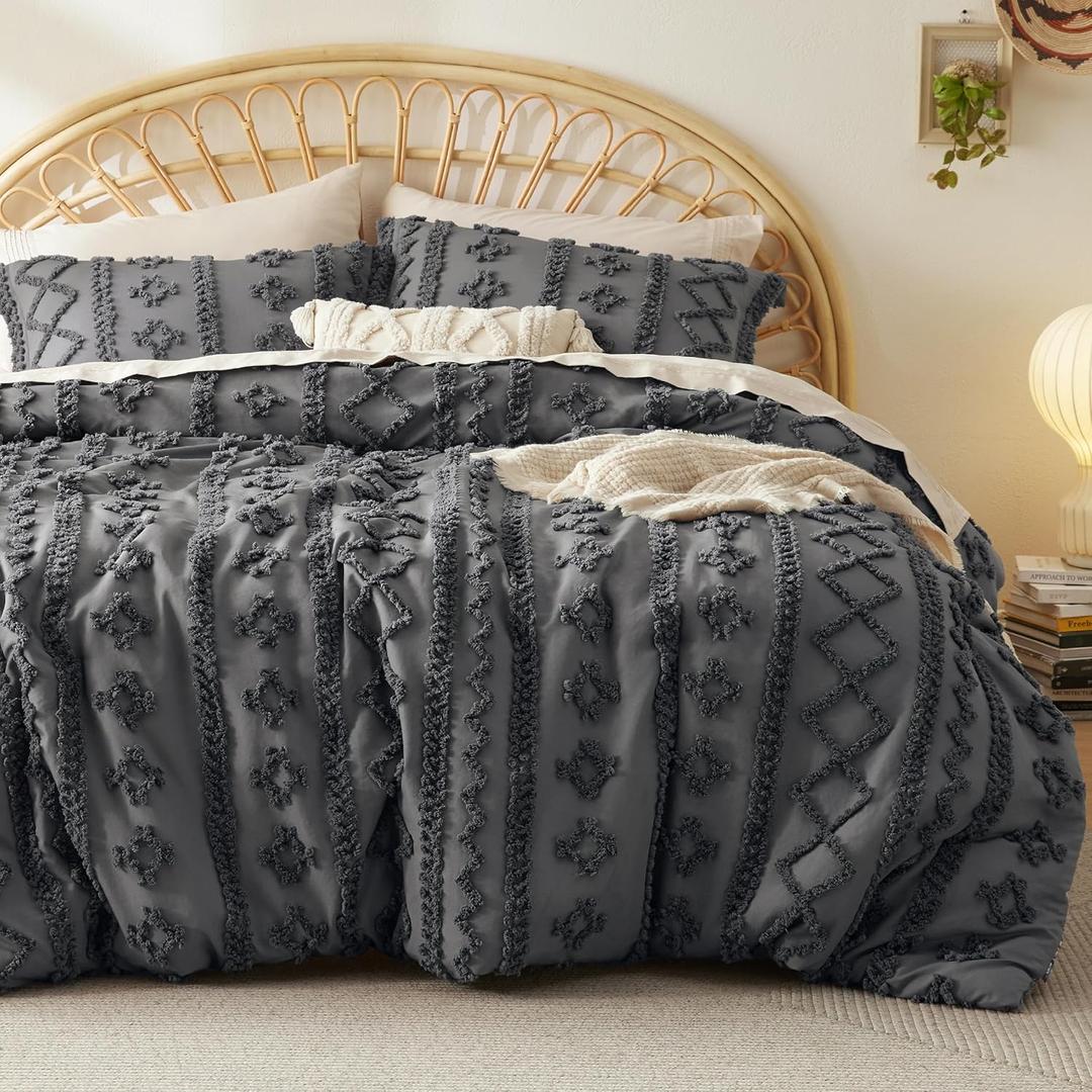 Bedsure Tufted Boho Comforter Set California King Size - Dark Grey Boho Bed Set, GentleSoft 3 Pieces Farmhouse Shabby Chic Embroidery Bedding, Gifts for Woman, Soft Jacquard Comforter for All Seasons