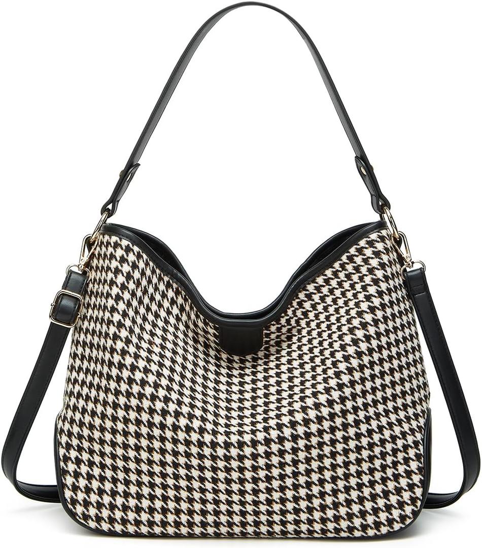 Women's Knitted Shoulder Crossbody Bag Fashion Checkered Handbag Large Totes Casual Work Top Handle Purse (Black)