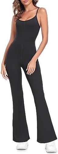 GymNatural Women's Sleeveless Jumpsuits Adjustable Spaghetti Flare Long Pant Romper Athletic One Piece Outfits, Black, M