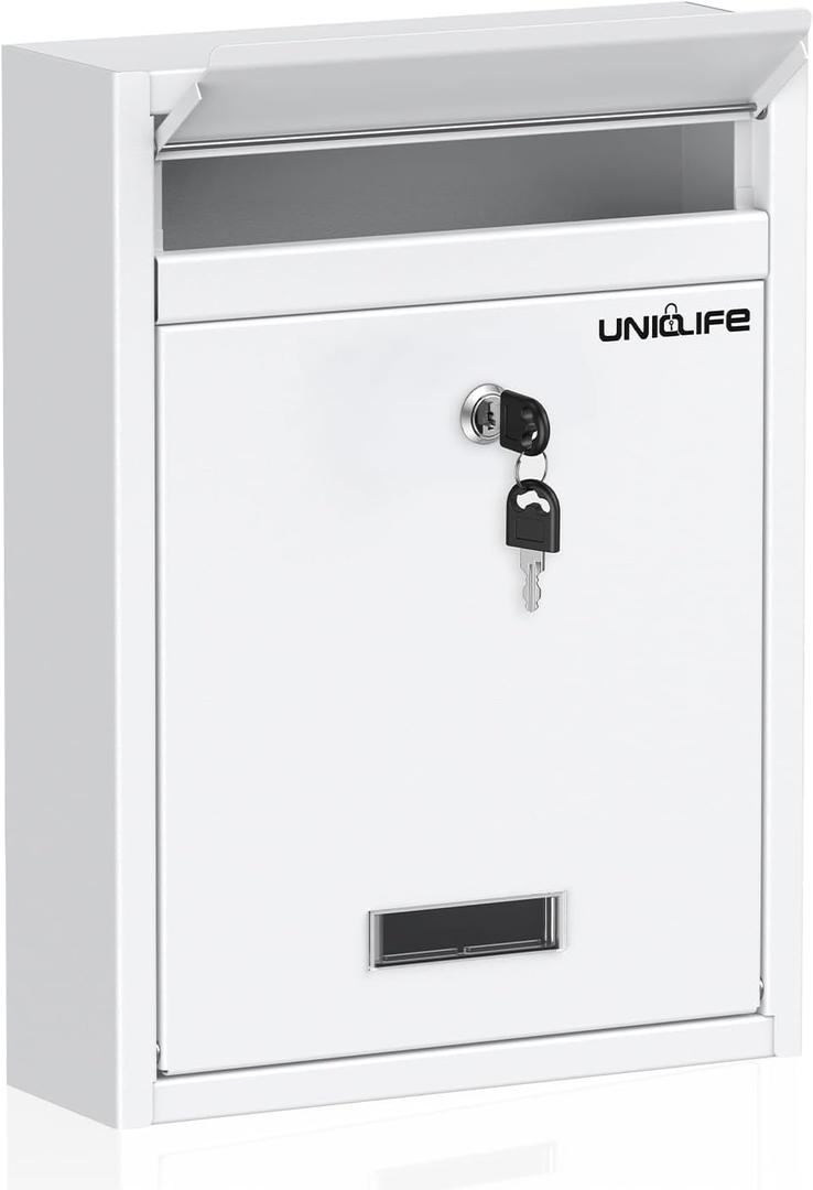 Uniclife Wall Mount Mailbox for Outside, Locking Mailbox, Large Mailbox with Key Lock, Security Mail Box for House, Safe Key Drop Box, Post Box, Steel Cash Drop Box for Home Office School, White