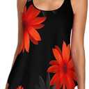 Urchics 2026 Women Two Piece Tankini Swimsuit Tummy Control Plus Size Long Torso Top and High Waisted Boyshorts Bathing Suits (XX-Large, Black Orange Sunflower)