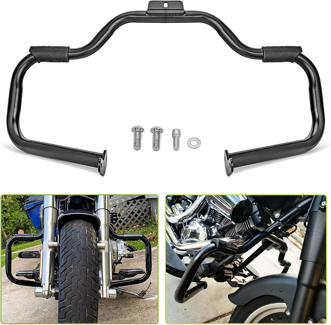 Mofun Gloss Black Engine Guard Highway Crash Bar Compatible with Harley Softail FL Models Deluxe Fat Boy Slim Heritage Springer Classic Cross Bones 2000-2017