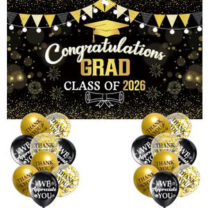 Black and Gold Class of 2026 Graduation Banner, Large Congratulations Graduation Banner Backdrop, Congrats Grad Party Decoration for High School, College, Class of 2026 Celebration Classroom Supplies