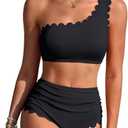 Charmo Womens One Shoulder Bikini Sets High Waisted Tummy Control Bathing Suits Ribbed Scalloped Two Piece Swimsuit 2026,Size M