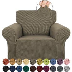 KEKUOU Stretch Single Sofa Slipcover 1 Piece Couch Sofa Cover (31"-55") Furniture Protector 1 Seater Sofa with Elastic Bottom for Kids,Pet.Jacquard Small Checked Pattern Fabric(Small,Khaki)