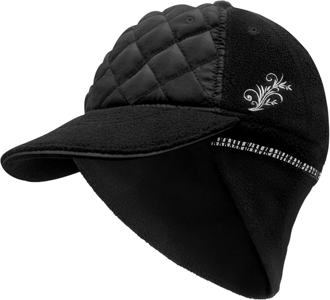 EZPACE Womens Winter Running Hat with Ponytail Hole & Fold-Down Ear Warmers, Reflective Cap for Cold Weather Runs (Black)