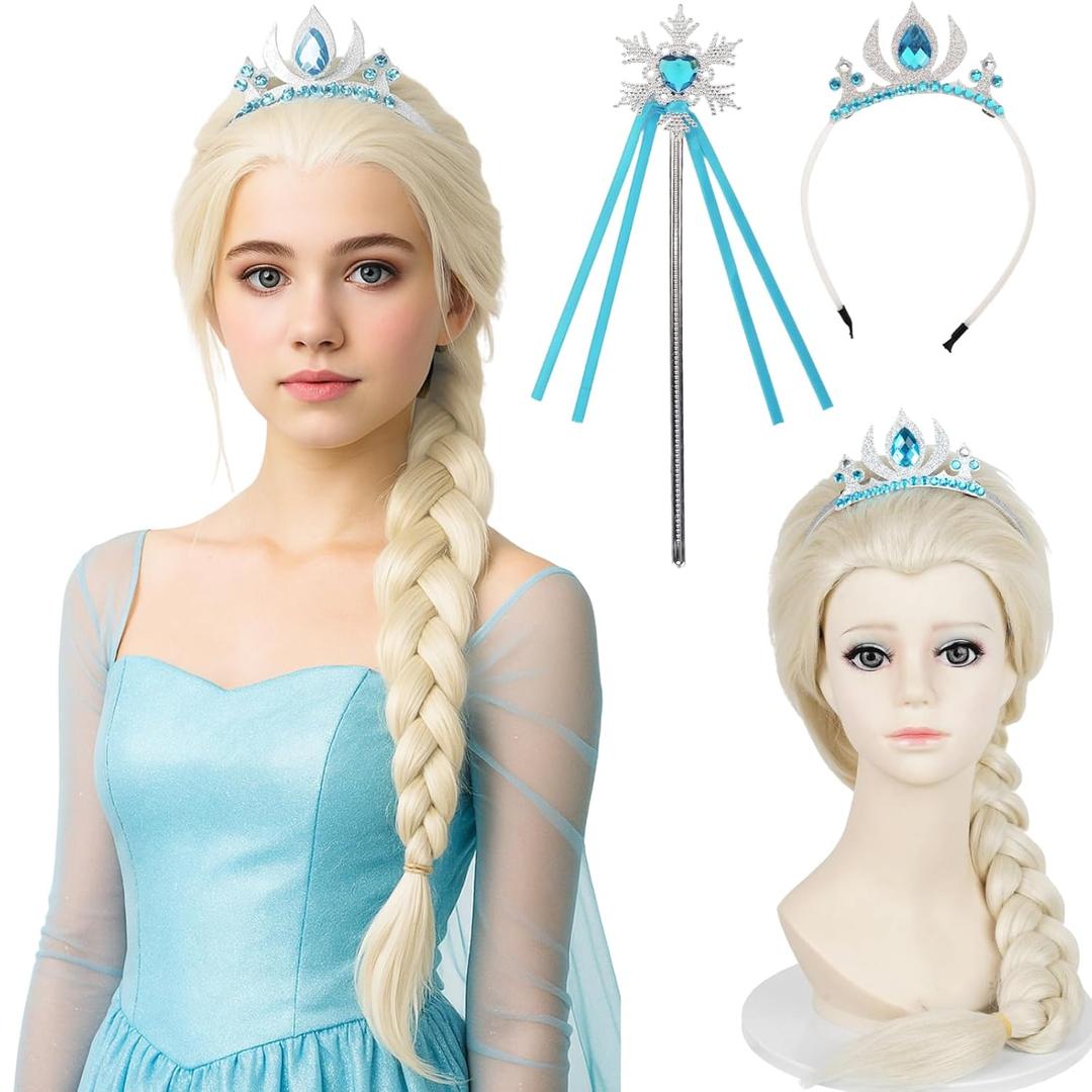 White Blonde Braided Wig for Kids Girls, 19.69'' Long Platinum Blonde Princess Kids Wig + Wig Cap for Halloween Party Costume Cosplay