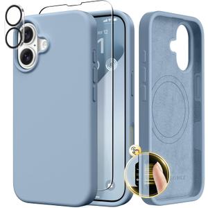 GONEZ Magnetic for iPhone 17 Case, Compatible with MagSafe, [Screen Protector + Camera Lens Protector], Liquid Silicone Anti-Scratch Shockproof Protective Phone Case 6.3 inch, Mist Blue