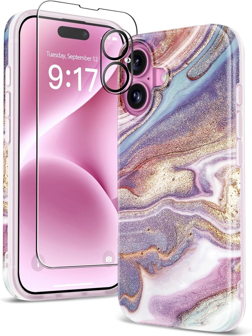 GVIEWIN Marble for iPhone 16 Case, with Screen Protector & Camera Lens Protector, [10FT Military Grade Drop Protection] Slim TPU Phone Case Cover Women for iPhone 16 6.1" 2024 (Flowing Sakura/Pink)