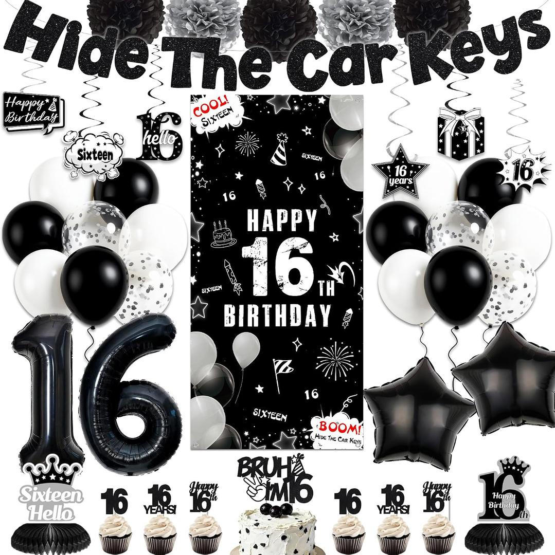Black 16th Birthday Party Decorations - Hide The Car Keys 16 Years Old Decoration Banner with Door Banner Hanging Swirls Balloons Cake Topper, Sweet Happy 16th Birthday Party Supplies for Boys Girls