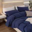 JIYUAN King Size Duvet Cover Set, 3-Piece - 100% Washed Cotton, Linen-Like Soft & Breathable with Zipper Closure, Includes 104x90 Inch Cover & 2 Pillowcases, Solid Navy Blue