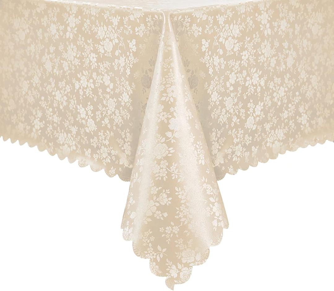 Romanstile Vinyl Tablecloth Rectangle, 100% Waterproof Outdoor Heavy Duty Thick Table Cloth with Flannel Backing, Wipeable Plastic PU Table Cover for Picnic Dining Party (Rose Beige, 60 x 84)