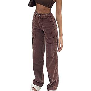 Women's Y2K Fashion Wide Leg High Waist Loose Fit Cargo Jeans Denim Pants Boyfriend Jeans for Teen Girls with Pockets Size S (Brown)