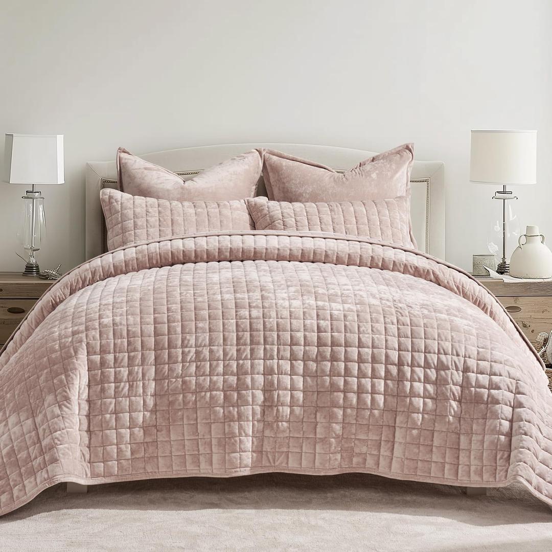 RECYCO Luxury Velvet Quilt Set King Size Bedding Sets, Ultra Soft Velvet Comforter Set, Lightweight Channel Box Stitch Oversized Bedspread Coverlet for All Season, with 2 Shams, Rose Pink