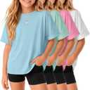 4 Pack Girls Oversized T-Shirts, 4-Color, 7-8 Years | Short Sleeve Tops, Loose Fit, Crew Neck, Tees, Rolled Sleeve, Casual, Basic, Plain, Summer