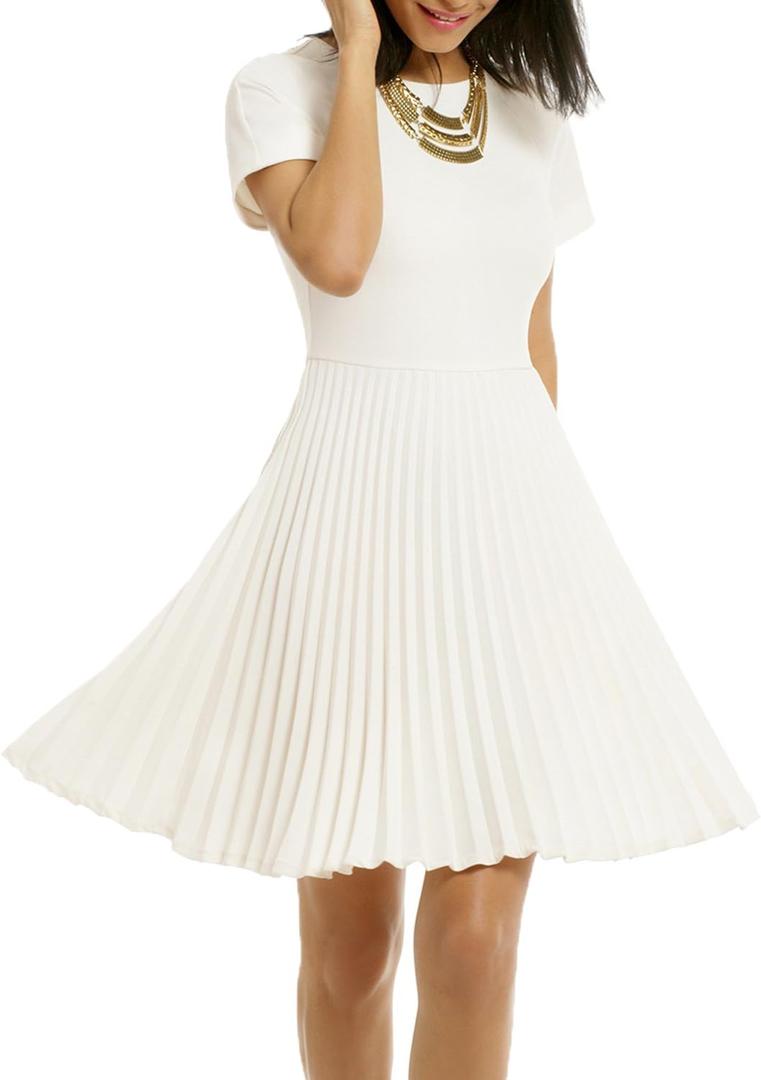 WOOSEA Women's Elegant Pleated Short Sleeves Cocktail Party Swing Dress (White, Large)