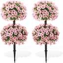 Daifunli 28 Inch Set of 2 Artificial Flowers Topiary Tree Double Ball Boxwood with Spikes for Outdoor UV Resistant Faux Shrubs, Realistic Fake Bushes for Garden Front Porch Patio Decor (Pink)