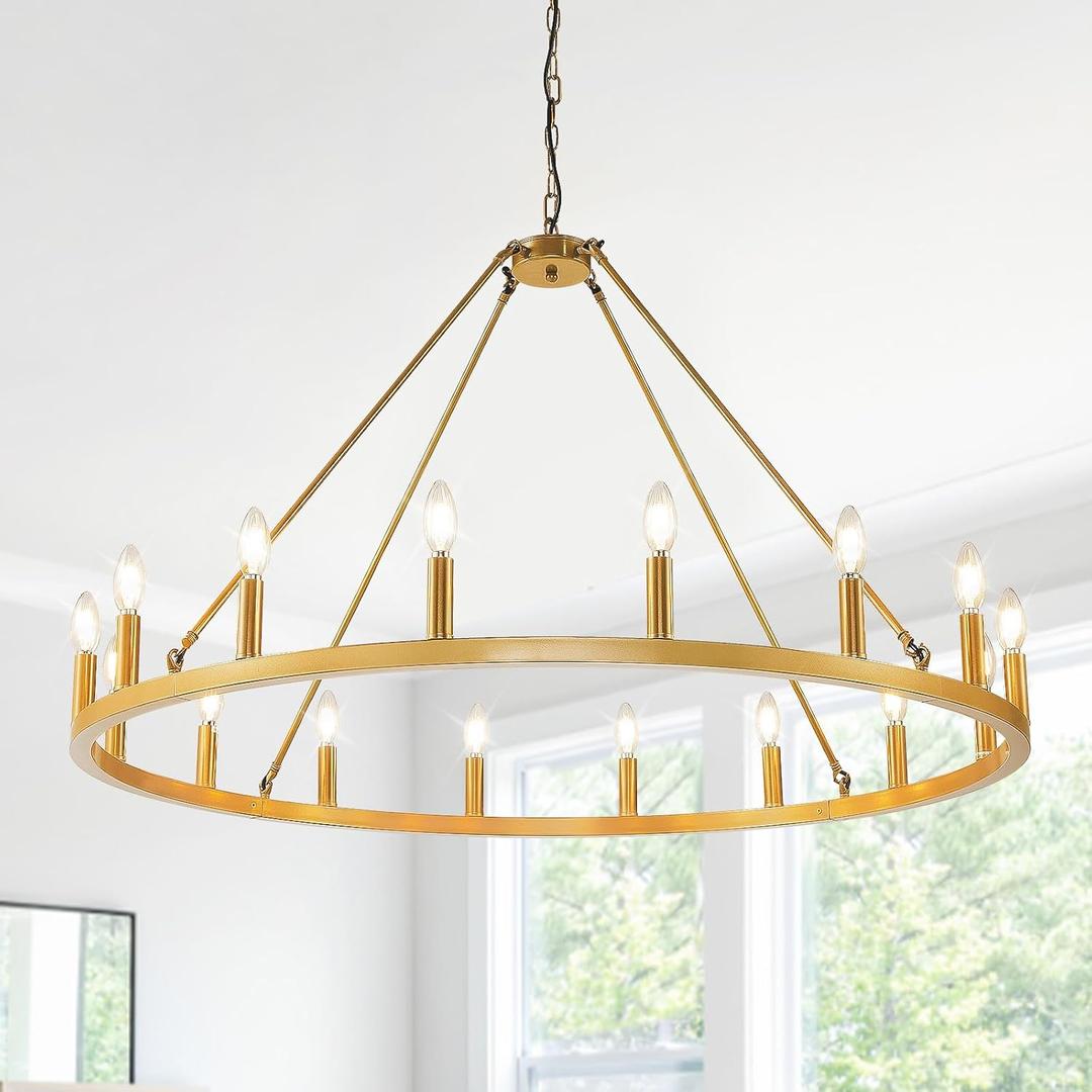 16-Light Gold Wagon Wheel Chandelier, 43 Inch Farmhouse Chandelier for Entryway, Industrial Foyer Lighting Fixtures, Large Foyer Chandeliers for High Ceilings, Chandelier for Living Room, Dinning Room