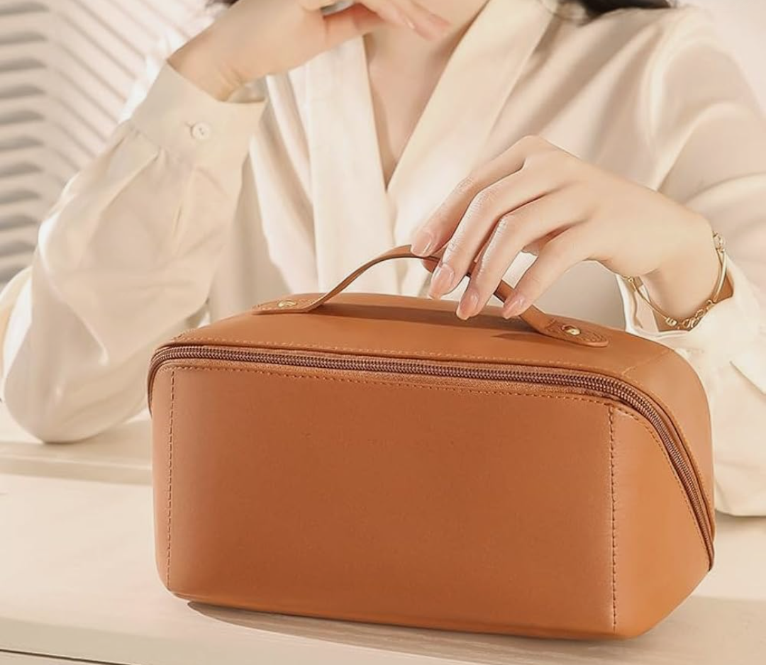 Travel Makeup Bag, PU Leather Cosmetic Bags for Women, Waterproof Portable Pouch Open Flat Toiletry Bag, Make up Organizer with Divider and Handle - Brown. Pack of 2