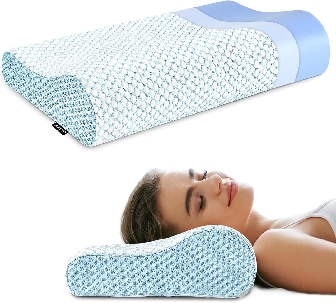 Polovo Neck Pillow Memory Foam Pillows for Sleeping, Ergonomic Cervical Pillow Neck Support Pillow Bed Pillow for Side Back Stomach Sleepers, Contour Pillow for Neck and Shoulder Pain Relief (Blue)