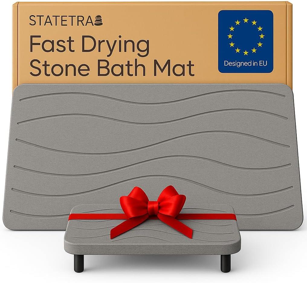 Stone Bath Mat | Quick-Dry Absorbing Diatomaceous Earth Bath Mat | 2 Stone Mats - Large & Small Mat for Bathroom | Anti-Slip Diatomaceous Bathmat 100% Natural Bathroom Rug Stones (Gray Waves) Stone Bath Mat | Quick-Dry Absorbing Diatomaceous Earth Bath Mat | 2 Stone Mats - Large & Small Mat for Bathroom | Anti-Slip Diatomaceous Bathmat 100% Natural Bathroom Rug Stones (Gray Waves)