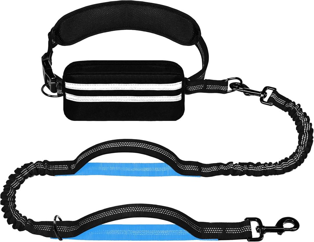 Hands Free Dog Leash with Zipper Pouch, Running Waist Leash for Dog Walking, Adjustable Waist Belt for Large Dogs, Reflective Bungee Design with Two Handle for Hiking, Training, Black