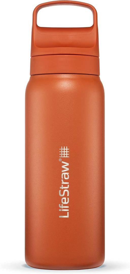 LifeStraw Go Series Insulated Stainless Steel Water Filter Bottle for Travel and Everyday Use Removes Bacteria, Parasites and Microplastics, Improves Taste, 24oz Kyoto Orange