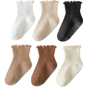 ANYANIME 6 Pairs Toddler Ruffle Socks for Girls Baby Grip Socks Non Slip Socks Cute Grippy Frilly