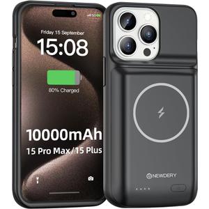 NEWDERY 10000mAh Battery Case for iPhone 15 Pro Max/Plus, USB C Qi Wireless Charging,Portable Protective Charger Case Battery Pack