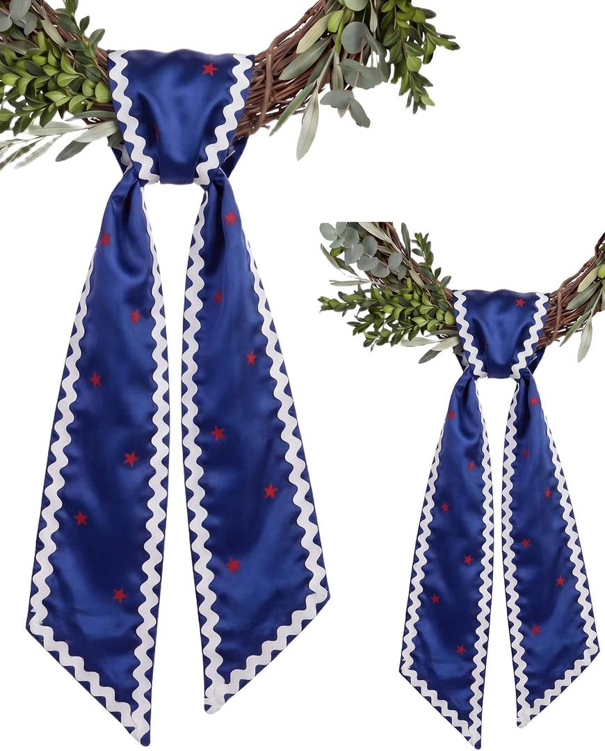 2 Pack Patriotic Wreath Sash for Front Door, Set of 2 Matching Blue Satin Scarves with Red Stars and White RIC Rac Trim, 4th of July Memorial Day Decor, 4.5 x 56 Inch Each