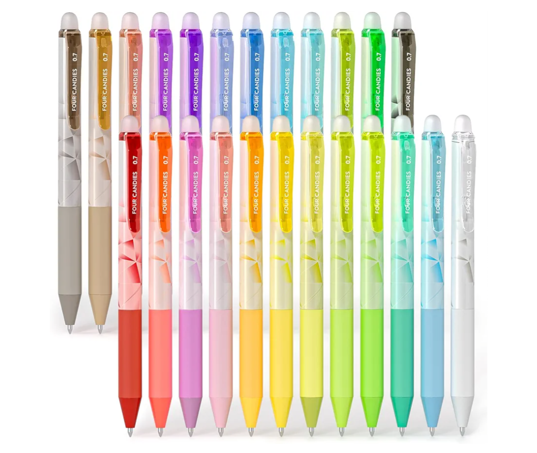 Four Candies 0.7mm Erasable Gel Pens, Make Mistakes Disappear Colored Pens, 24 Colors Retractable Fine Point Erasable Pens for Writing, Drawing, Planner & School Supplies