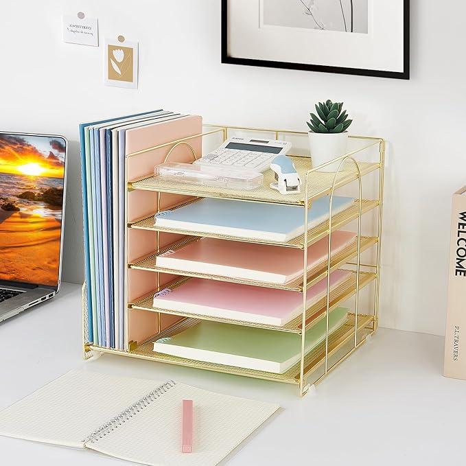 Desk Organizer, 5-Tier Paper Letter Tray Organizer with File Holder, Drawer and Pen Holder, Desktop Organizer for Office Supplies, Gold