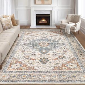 8x10 Area Rugs Living Room: Washable Boho Large Neutral Vintage Soft Rug Stain Resistant Distressed Farmhouse Non-Slip Indoor Floor Carpet for Bedroom Nursery Kids Office Dining Room - Beige/Blue