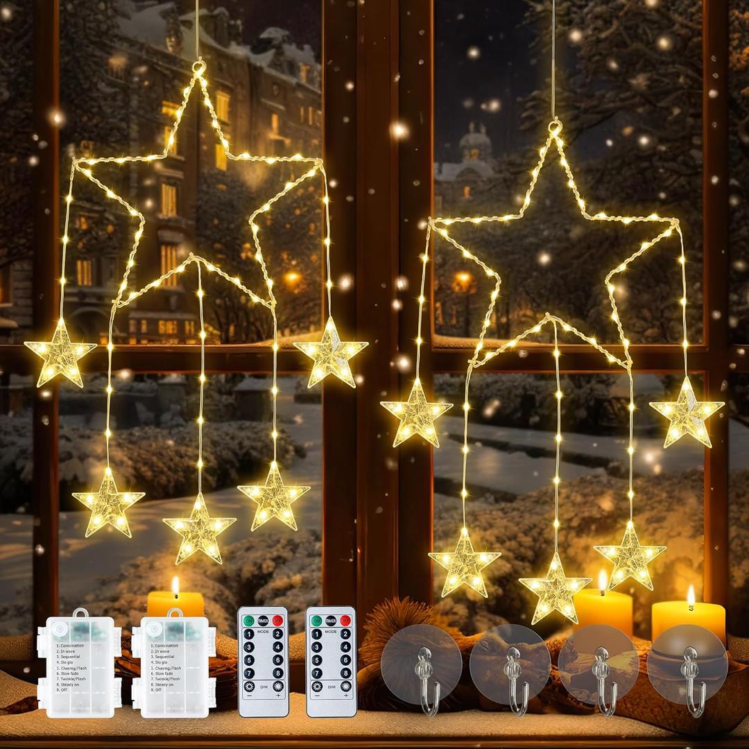 73LED Christmas Window Lights,2 Pack 12IN Star Fairy Lights with 8 Modes Timer,Hanging Silhouette Twinkle Light for Wall,Bedroom,Indoor Outdoor,Party,Xmas,Holiday Decorations,Warm White