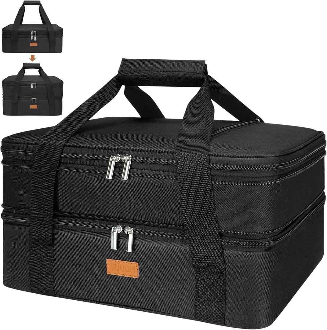 Vuudh Expandable Casserole Carrier Bag - Double Decker Food Bag, Insulated Casserole Carrier for Hot or Cold Food, Lasagna Holder Tote for Picnics,Beaches,Traveling or Gifts (Black)