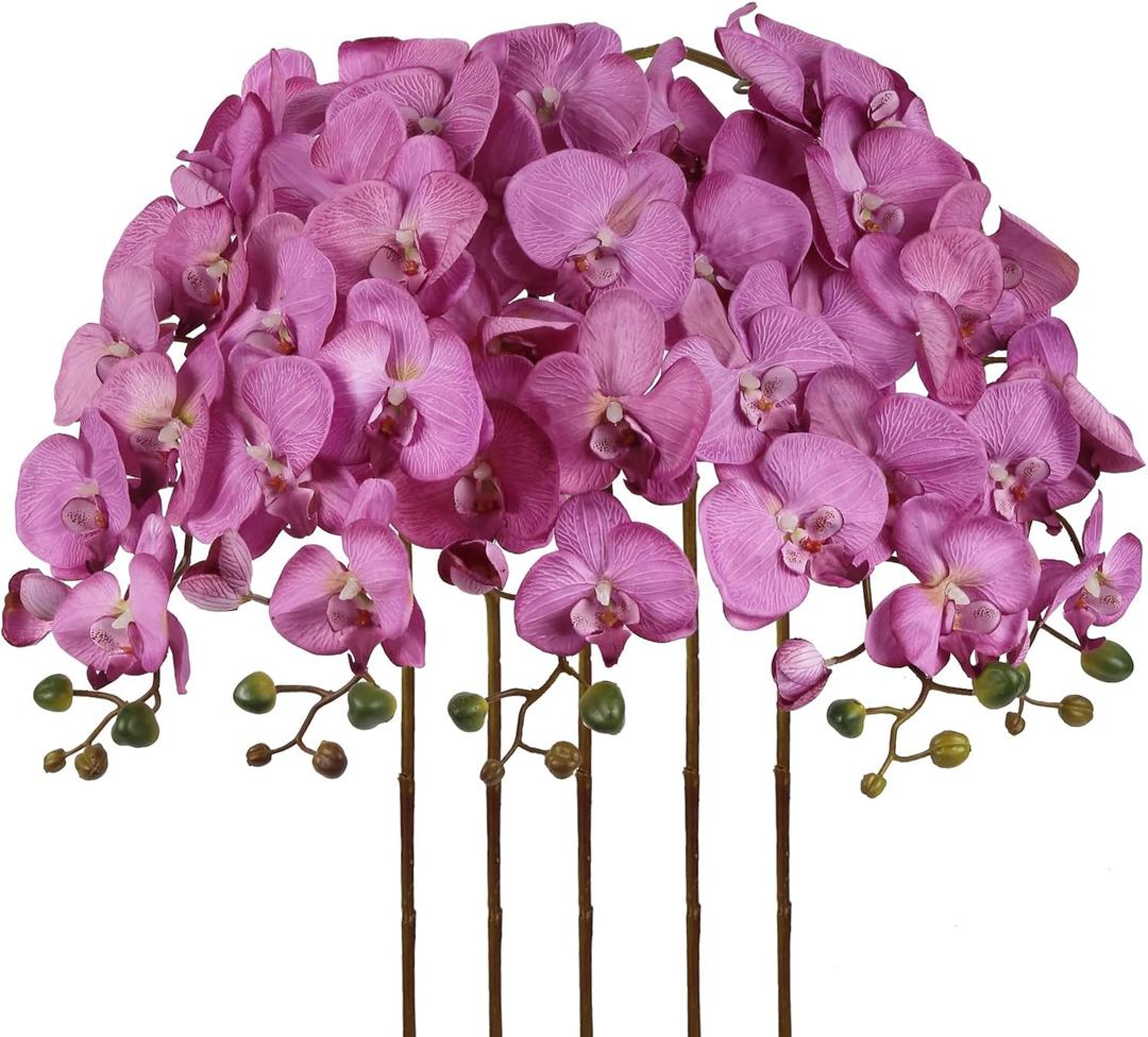 IPOPU 40.16" Purple Orchid Artificial Flowers 5PCS Real Touch Velvet Silk Orchids Long Stem Fake Orchid Phalaenopsis Branches for Tall Vase for Bridal Shower Home Party Wedding Decoration (Purple)