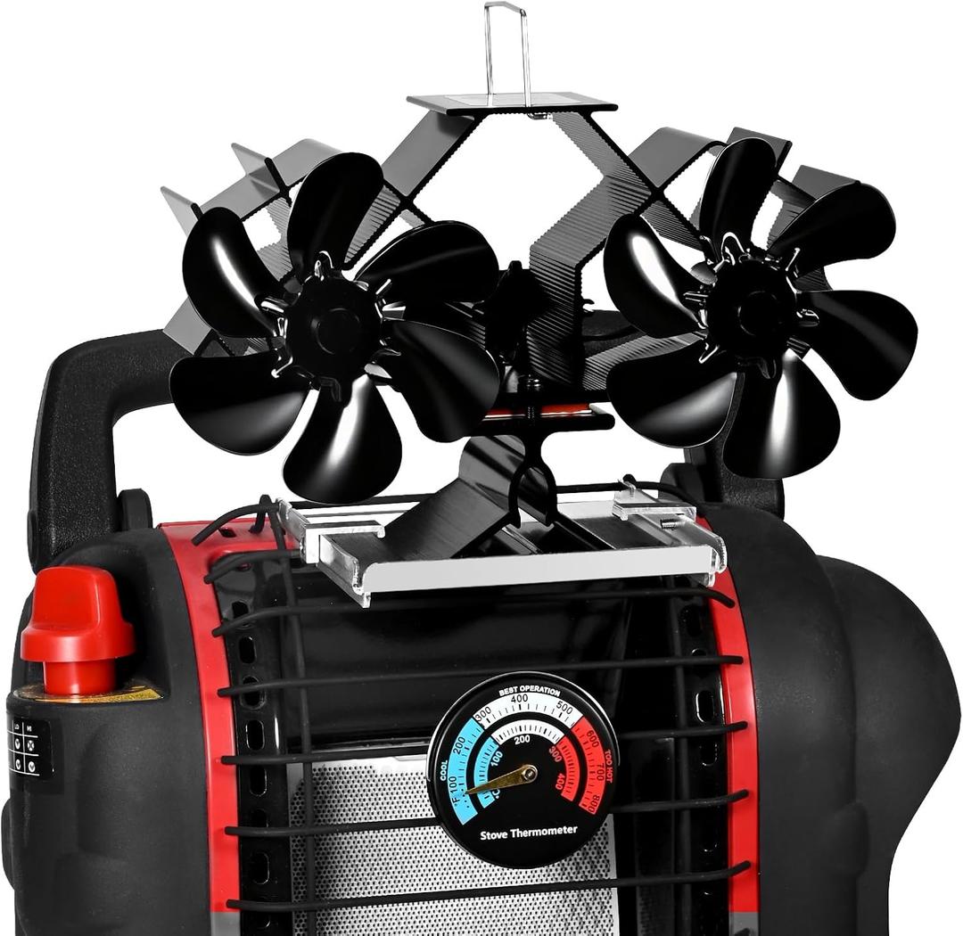 Dual Motors Heat Powered Fireplace Fan, Wood Stove Fan for Buddy Heater, Fireplace Fan with WoodStove Magnetic Thermometer, Heat Activated Thermal Fan for Wood Burning Stove/Log Burner