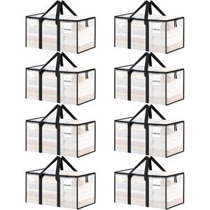 8 Pack Extra Large Heavy Duty Moving Bags, Clear Storage Bins with Lids, Reinforced Handles & Heavy-Duty Zippers Moving Boxes Storage Bags Totes for Clothes Packing, Dorms, College Supplies, Clear, 27"L x 13.7"W x 14.9"H