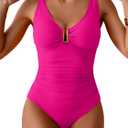 B2prity One Piece Swimsuit for Women Tummy Control Ruched Bathing Suit V Neck Push Up Swim Suit (Large, Hot Pink)
