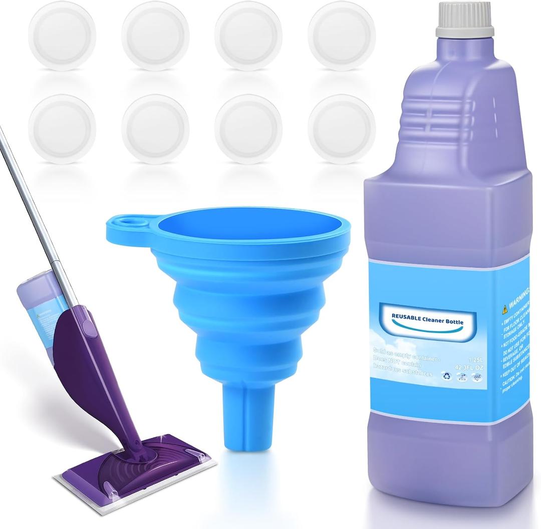 Upgraded Refillable Bottle for Swiffer Wet Jet Mop 1250ml /42.3 FL OZ, Leak-Proof HDPE Solution Refill Bottle with 8 Silicone Gaskets & 1 Funnel,Easy Install for Use with Any Cleaning Solution