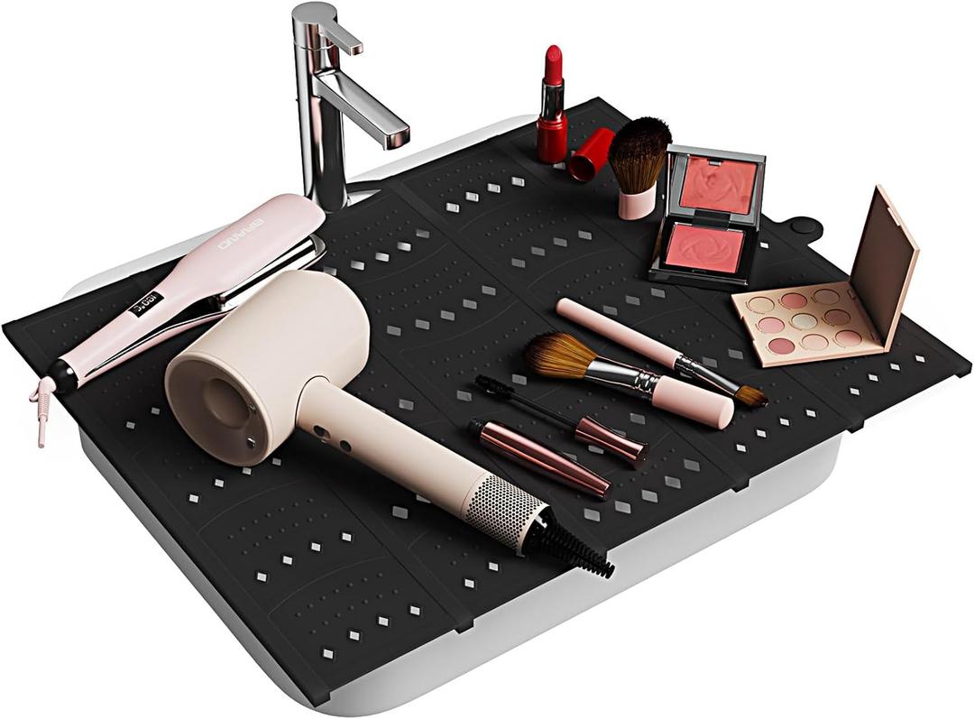 Bathroom Sink Cover for Counter Space, Sink Mat Foldable Sink Cover, Silicone Makeup Organizer Mat Space Saver, Small Bathroom & Rv Camper Travel Must Haves Accessories, Black, 19.6"L x 15.35"W x 0.01"H