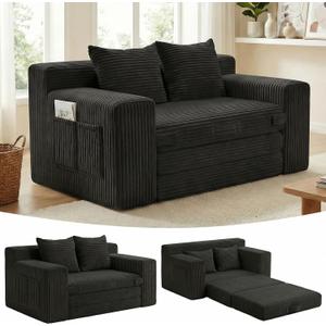 Boneless Couch, Boneless Loveseat Sleeper Sofa Bed – 3-in-1 Convertible Couch Bed with Side Pockets & Handle, Pull Out Corduroy Futon for Small Space, Living Room & Bedroom, 2 Pillows Included, No Assembly