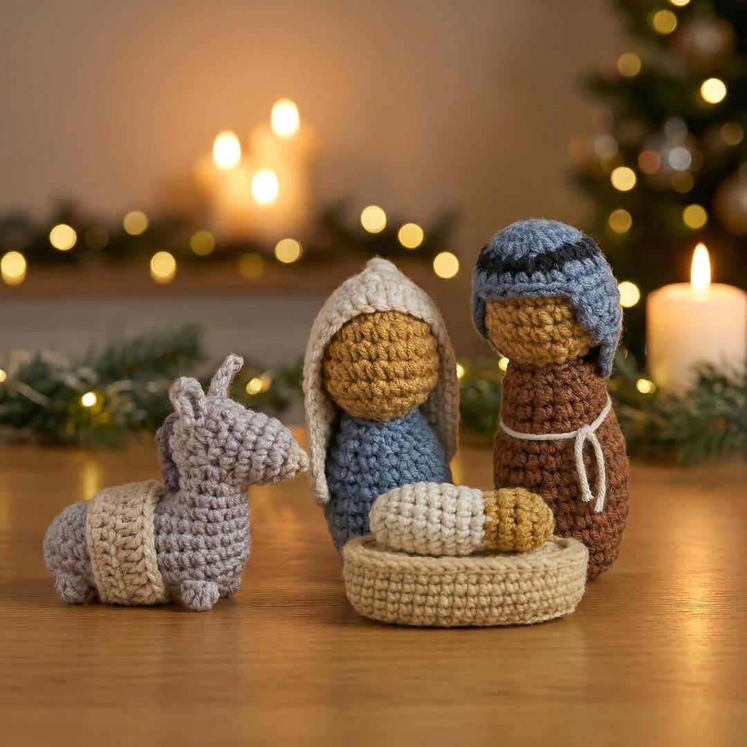 OASSIE Christmas Decorations Nativity Set Indoor, Christian Gifts for Women Men - Handmade Nativity Scene Crochet with Mary, Joseph, Donkey - Farmhouse Home Decor, Birthday Catholic Religious Gifts (Mocha  Bethlehem Night)