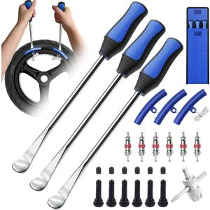 HTOMT 11.5" Tire Spoon Kit, 26pcs Tire Changing Tool for Motorcycle Dirt Bike Lawn Tractor Bicycle, Motorcycle Tire Changer Tire Removal Tool with 3pcs Rim Covers 6pcs Valve Tool Valve Cores(Blue)