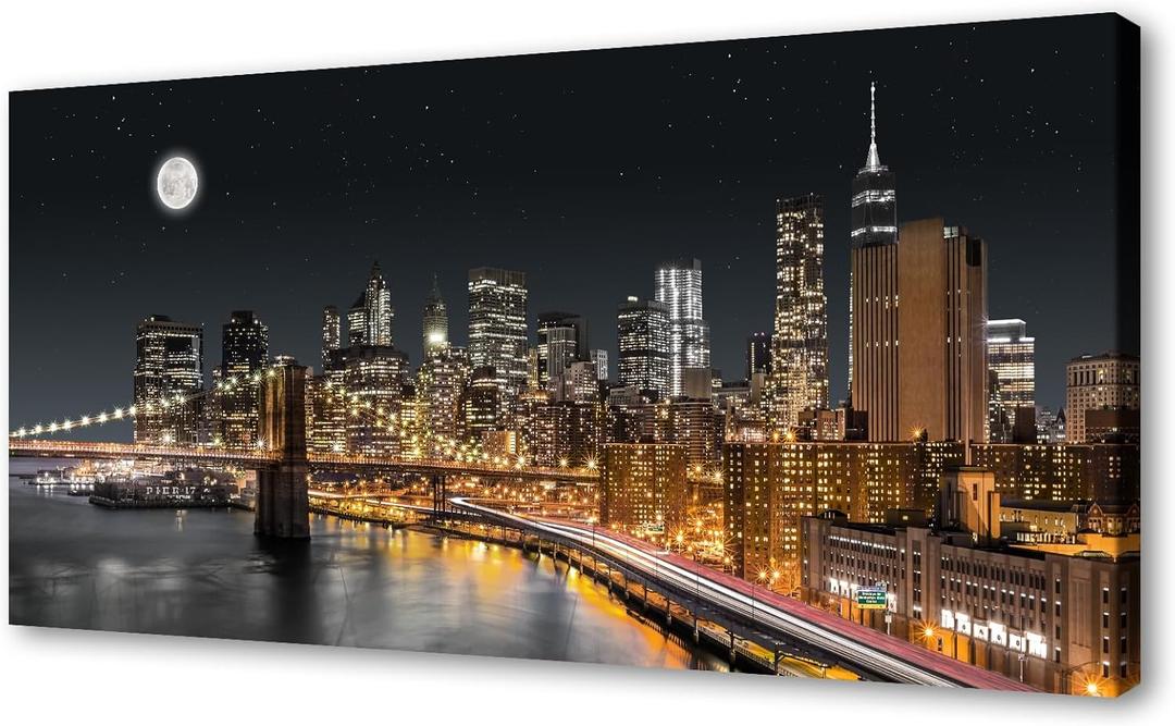 XXMWallArt FC4275 New York City Wall Art Brooklyn Bridge Night View Picture Canvas Print Artwork for Living Room Bedroom Home Decoration (59L" x 29W")
