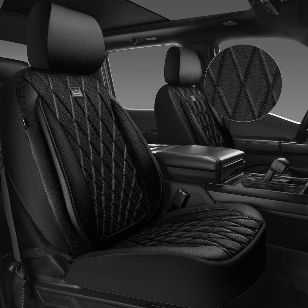 CAR PASS Thick Foam 3D Air Mesh Leather Car Seat Covers Front Seats Only, Luxury Breathable Premuim PU Leather Two Front Seat Covers,Airbag Compatible Universal Fit for 95% Sedan Van Truck SUV, Black