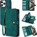 TwoHead Wallet Case Compatible with iPhone 15 Pro Max,Detachable Magnetic Phone Case,All-Round Shockproof Protective Leather Phone Case with Card Holder,6.7 in,Green